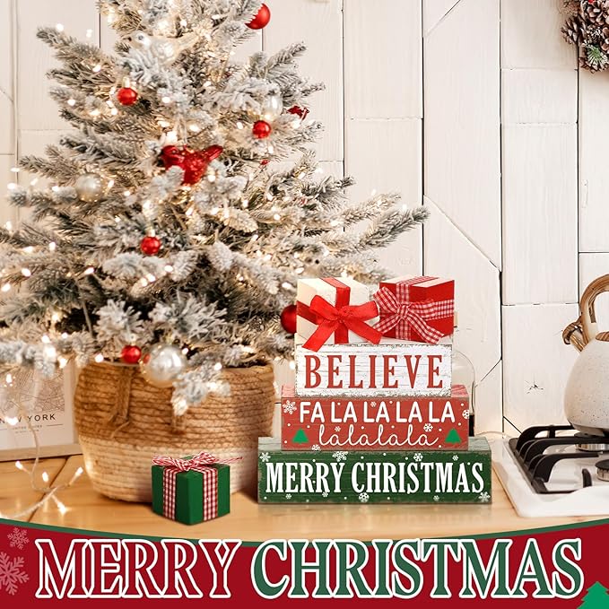 Geelin 4 Pieces Merry Christmas Wooden Table Decorations Xmas Present Box Wooden Signs Rustic Christmas Tiered Tray Decor Xmas Believe Tabletop Centerpieces for Home Desk Room Kitchen Shelf