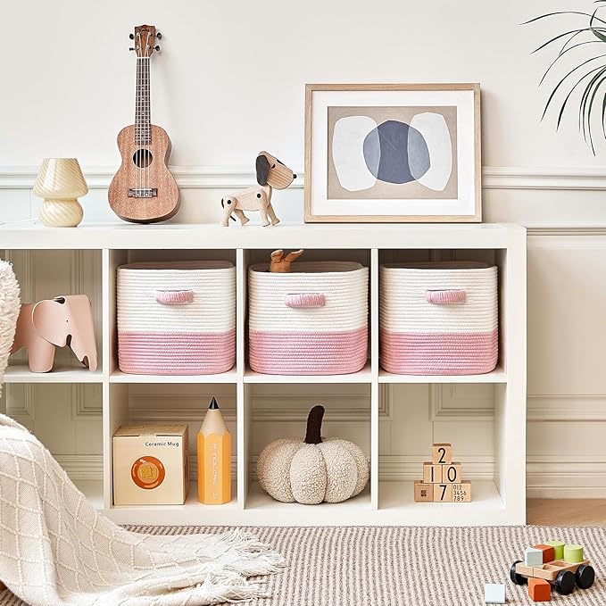 Storage Cube Baskets for Organizing 11 inch-3 Pack- Square Baskets for Cube Storage, Closet Storage Bins - Woven Cube Storage Bins for Shelves- Cube Drawer- Ideal for Toy Storage White & Pink