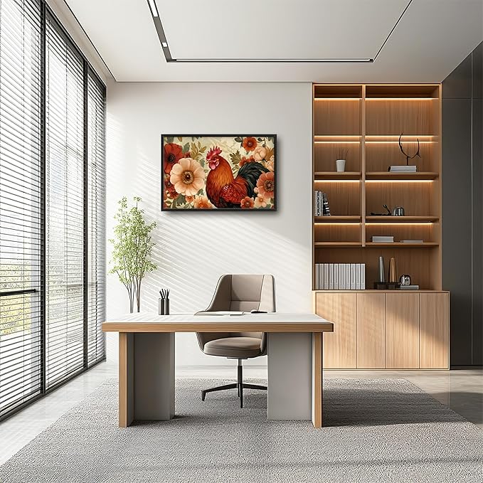 Lovira Farmhouse Rooster Large Wall Art Rustic Country Farm Chicken Floral Canvas Wall Decor Pictures Prints Painting Framed Artwork for Living Room Bedroom Bathroom Kitchen 24"x36"