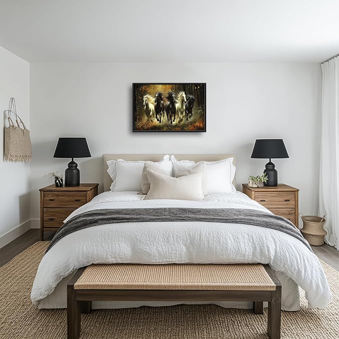 Olivine Horse Wall Art, Running Horses Pictures Wall Decor, Black And White Horse Paintings, Forest Landscape Canvas Prints, Framed Artwork for Bathroom Bedroom Living Room Office Home 36"x24"