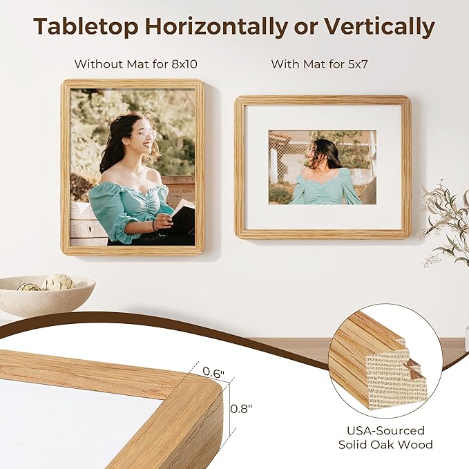 8x10 Picture Frame, Rustic 8 by 10 Photo Frame for Wall & Tabletop Display - Solid Oak Wood & Tempered Glass, 8x10 Picture Frame Matted to 5x7, Wood Collage Frames for Home, Natural Oak Color, 1 Pack