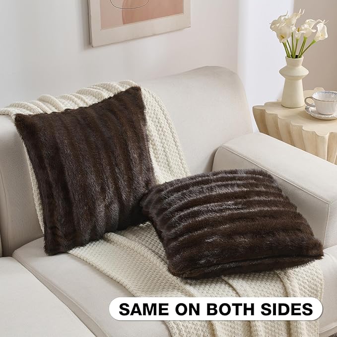 FUTEI Dark Coffee Decorative Throw Pillow Covers 18x18 Inch Set of 2,Soft Fluffy Faux Mink Fur Dyeing Striped Textured Cushion Case,Modern Home Decor for Couch Bed Living Room