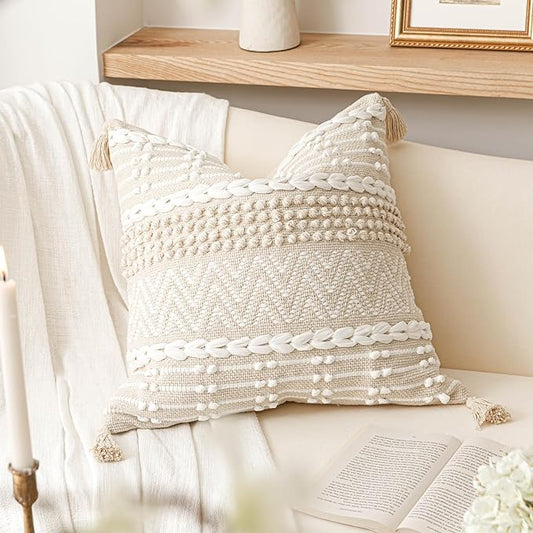 Boho Throw Pillow Cover 22X22, Large Decorative Accent Pillow for Couch, Square Woven Textured Pillowcase, Modern Boho Pillow for Bed, Bohemian Pillow Cover, Cream White (Pack of 1)