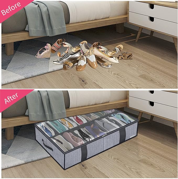 Onlyeasy Under Bed Shoe Storage Organizers for Kids and Adults Fit 14 Pairs of Shoes & 4 Pairs of Boots, Sturdy Underbed Organizer with 2 Strong Zippers and 4 Handles, Linen-like Grey, MXDUBS14S4