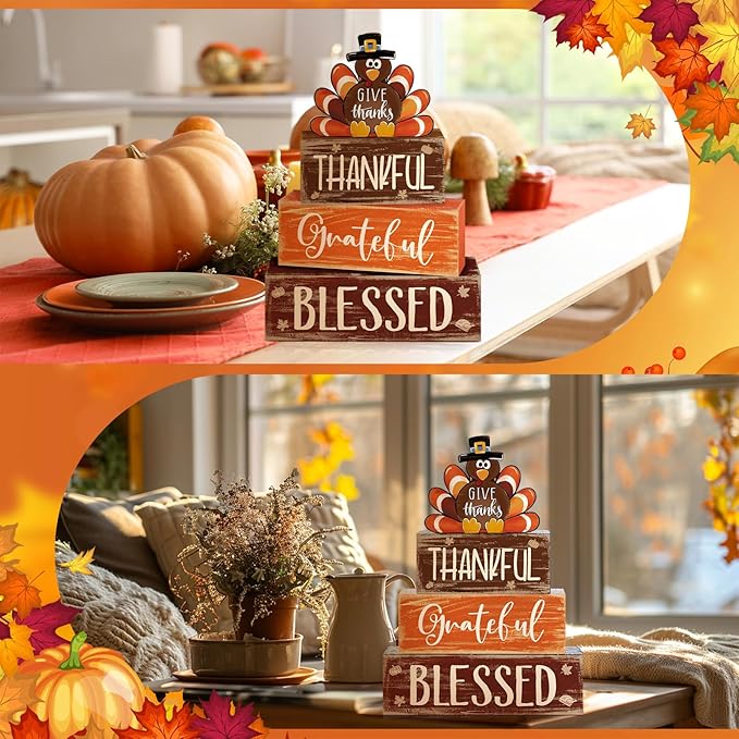 4 Pcs Fall Thanksgiving Decor for Home Funny Turkey Wooden Signs with Hat Thanksgiving Fall Tiered Tray Decor Turkey Tabletop Centerpiece Thankful Block Signs for Office Kitchen Shelf