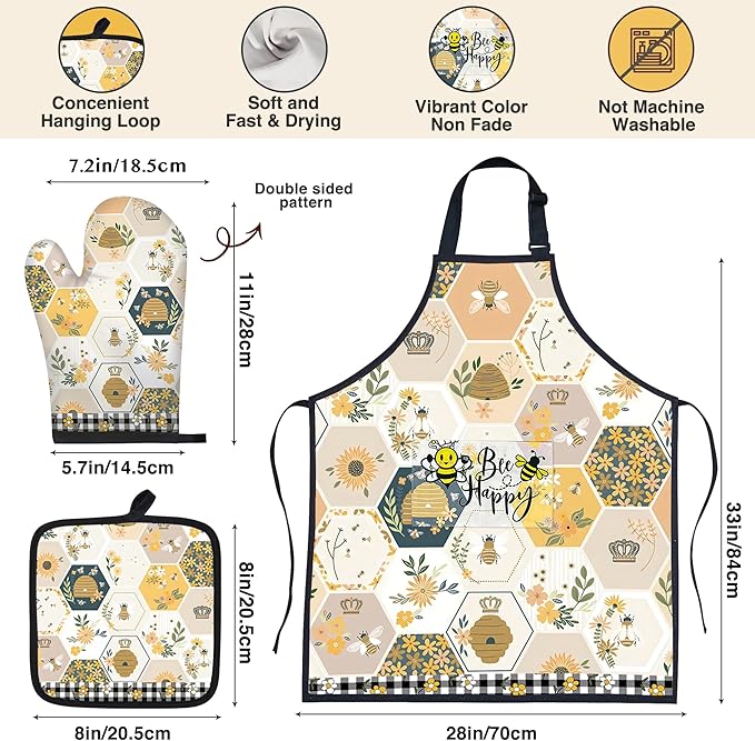 8PCS Bumble Bee Bamboo Cooking Utensil Spoon with Apron Oven Mitt Potholder for Kitchen Decor,Honey Bee Themed Gifts for Women,Kitchen Pot Holder Sets for Housewarming,Birthday