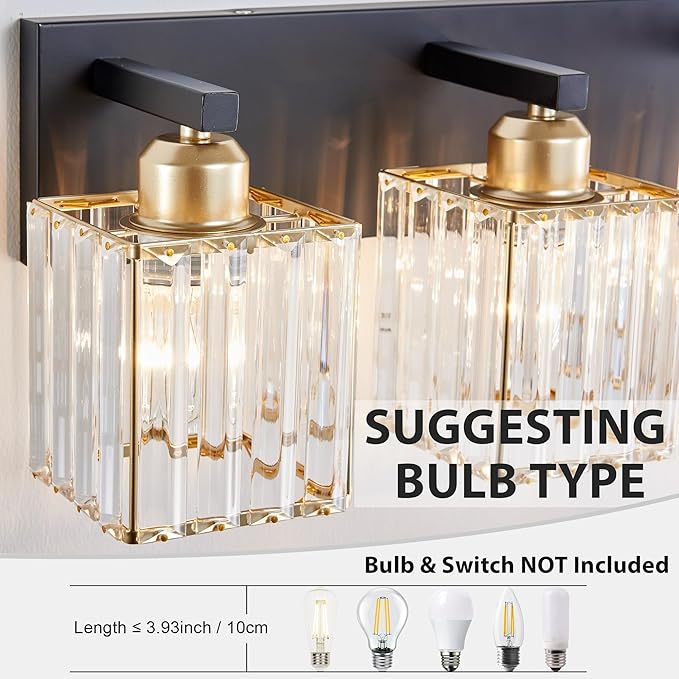 Bathroom Vanity Light Fixtures Over Mirror - Makeup Lighting Black Gold - for Modern Wall, Bath, Desk, Farmhouse, Hallway 3 Crystal Lights