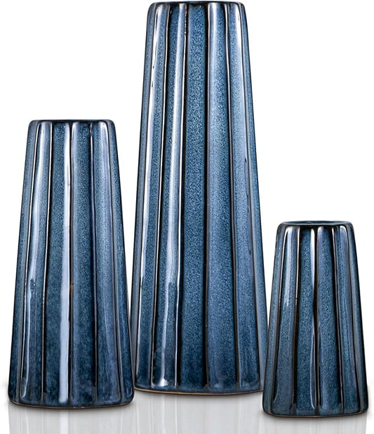 Blue Ceramic Vases - 3 Small Ribbed Vase for Flowers, Modern Minimalist Home Decor, Decorative Pottery Glazed Vase for Bookshelf, Fireplaces and Entryway Decor, Centerpieces for Dining Table