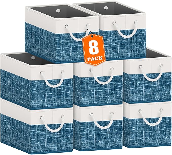 Fab totes Storage Bins [8-Pack], Foldable Storage Baskets for Organizing Toys, Books, Shelves, Closet, Large Storage Box with Rope Handles, Sturdy Organizer Bins, White & Blue