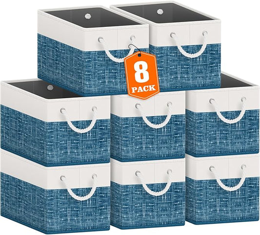 Fab totes Storage Bins [8-Pack], Foldable Storage Baskets for Organizing Toys, Books, Shelves, Closet, Large Storage Box with Rope Handles, Sturdy Organizer Bins, White & Blue