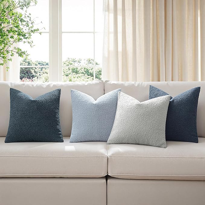 MIULEE Pack of 4 Decorative Textured Boucle Throw Pillow Covers 20x20 Inch Neutral Blue Accent Solid Pillow Cases Couch Cushion Covers for Modern Farmhouse Boho Chair Sofa Bed Livingroom Home Decor