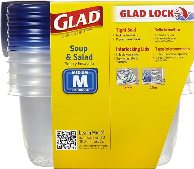 Glad Soup & Salad Food Storage Containers, Medium Rectangle (24 Oz) - (Pack of 6, 30 Count) | Strong and Durable Food Containers from Glad for Everyday Use | 24 Oz Food Storage Containers