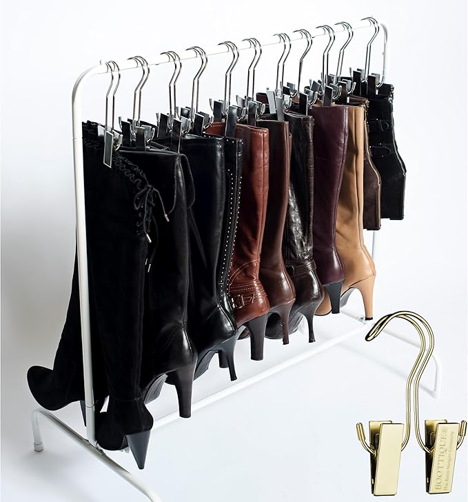 Boottique Boot Organizer: The Boot Rack- Fits in Most Closets- Hangs, Holds, Shapes, & Protects every size and style of Boots (Boot Rack with 6 Gold Hangers)