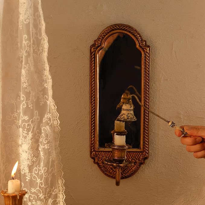 SOFFEE DESIGN Vintage Gold Wall-Mounted Candle Sconce with Mirror - Floral Base & 3D Woven Texture for Bathroom, Dining Room, Entryway