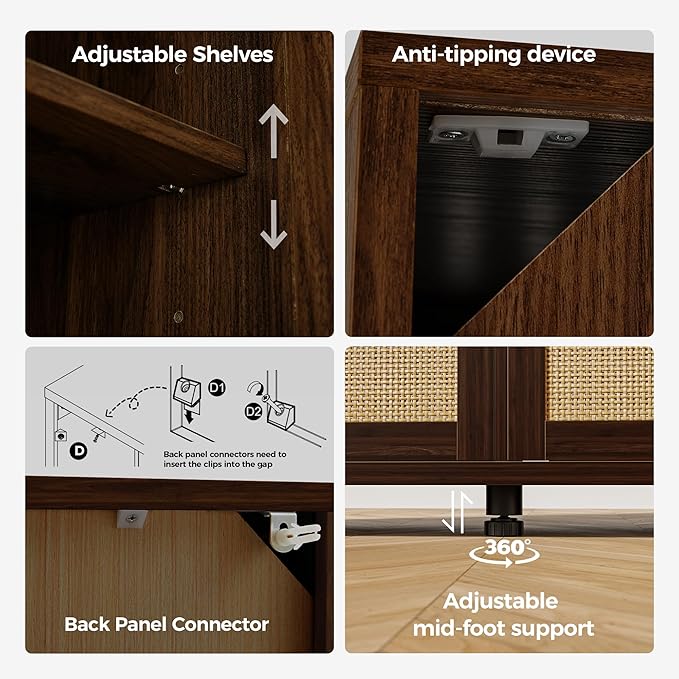 Rattan Buffet Cabinet with Storage, Sideboard Cabinet with Doors and Adjustable Shelves, Farmhouse Coffee Bar Station Table, Modern Wood Cupboard for Kitchen, Livingroom, Walnut