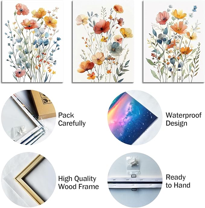 Watercolor Flower Wall Art for Living Room Flower Pictures Wall Decor Orange Floral Canvas Art Colorful Wildflower Poster Prints for Bedroom Bathroom Home Decor 12"x16"x3pcs