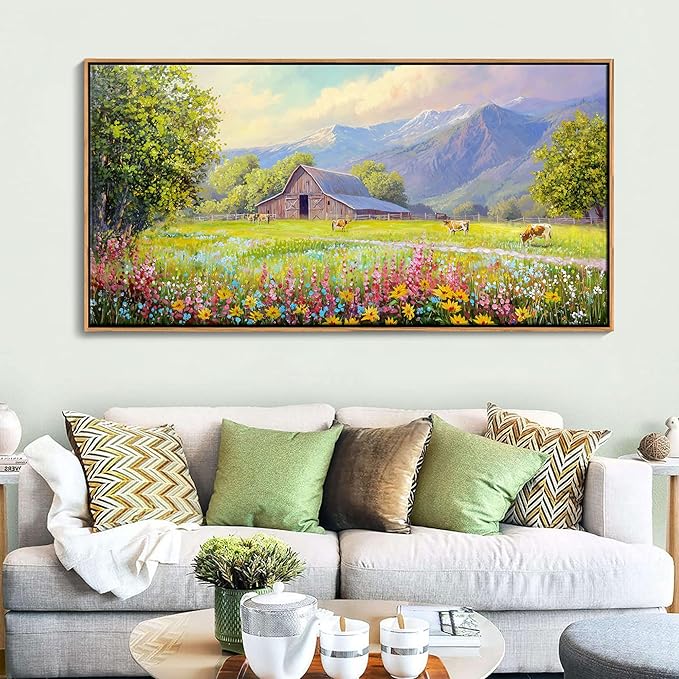 AJAZIKO Rustic Mountain Wall Art,Farmhouse Landscape Wall Decor with Highland Cow & Floral Art - Nature & Country Artwork for Living Room, Bedroom & Walls - Framed Flower Pictures for Home 24x48IN