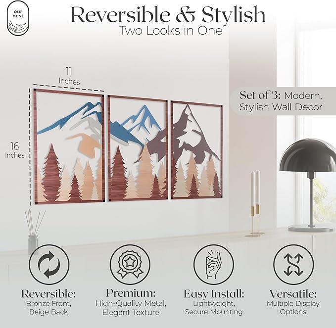 OUR NEST Metal Wall Art Set of 3 – Abstract Mountain Landscape Panels, 3D Rustic Nature Wall Decor for Living Room, Bedroom, Bathroom – Minimalist Metal Wall Sculpture, Modern Home Décor Gift (16" x 11")