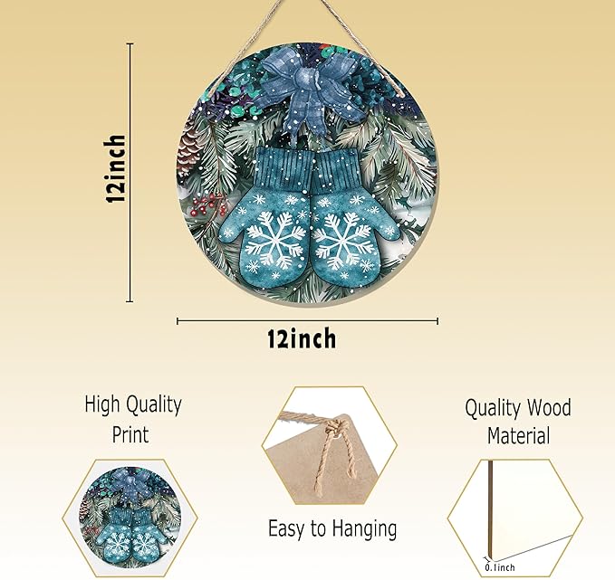 Navy Blue Winter Christmas Wooden Sign, Winter Snowflake Gloves Blue Plaid Bow Decoration Hanging Sign Wall Decor, Farmhouse Seasonal Holidays Wooden Signs for Home Door Decor 12 x 12 Inch