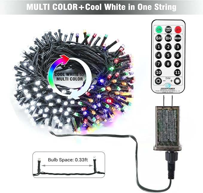 Brizled Color Changing Tree Lights, 115ft 300 LED Christmas String Lights with Remote, 11 Modes Cool White & Multicolor Christmas Lights Connectable Xmas Lights Green Wire for Xmas Home