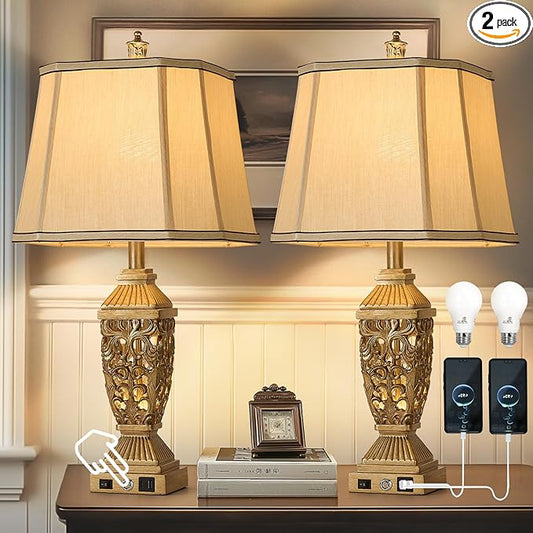 AIDENOEY 27.5“ Farmhouses Table Lamp with USB & USB-C Charging Ports, 3-Color Dimmable & Stepless Bottom Dimming, Touch Control & Switch, Vintage Bedside Lamp for Bedroom Living Room Office,(Brown)