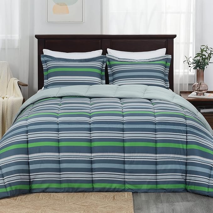 Beyond Basic King Size Comforter Set - Green & Grey Striped, Lightweight Down Alternative Bed Comforter Set (Green/Grey, King)