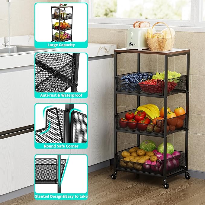 HapiRm Fruit Basket Kitchen Cart - 4-Tier Rolling Storage Cart with Wheels, Fruit Vegetable Basket with Wood Top, Pantry Utility Kitchen Organizer for Fruit Potato Onion Vegetable Bread Snack