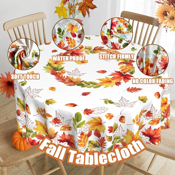 Fall Round Tablecloth 60x60 Inch Autumn Maple Leaf Table Cover Holiday Decorations Seasonal Decor for Home Kitchen Dining Room Picnic Party Thanksgiving