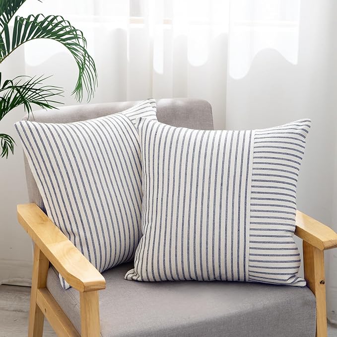 Farmhouse Pillow Covers 18x18, Modern Accent Square Throw Pillow Covers Set of 2, Navy and Beige Striped Patchwork Linen Decorative Pillows Cushion Covers for Couch Chair Bedroom Fall Decorations