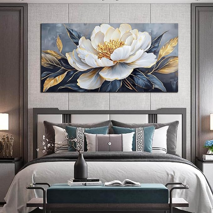 AOZEMI Floral Wall Decorations White Pictures Flowers Wall Art Modern Canvas Plant Gold Wall Decor for Living Room Bedroom Big Artwork 29"x 59"