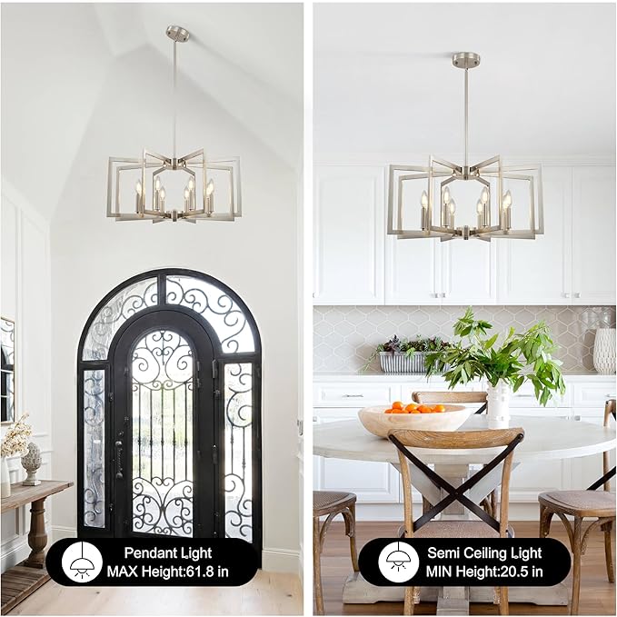 8-Light Large Brushed Nickel Chandeliers for Dining Room，Modern Industrial Pendant Lights Kitchen Island，Farmhouse Entryway Light Fixtures，Metal Geometric Chandelier for Living Room