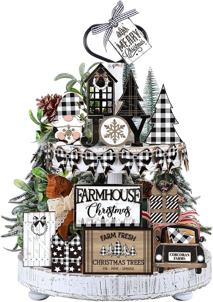 17 Pcs Christmas Tiered Tray Decor Set Winter Tiered Tray Decorations Farmhouse Tabletop Centerpiece Christmas Wooden 3D Sign for Xmas Home Buffalo Plaid Rustic Table Decoration(Gnome)