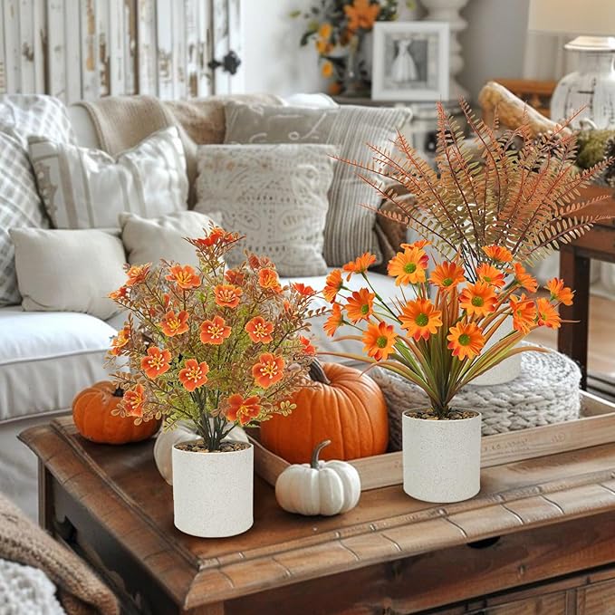 Uieke 4PCS Fall Tabletop Decor Fall Fake Potted Plants Autumn Mini Small Artificial Potted Plants for Fall Harvest Wedding Table Centerpiece Farmhouse Home Office Shelf Thanksgiving Decor