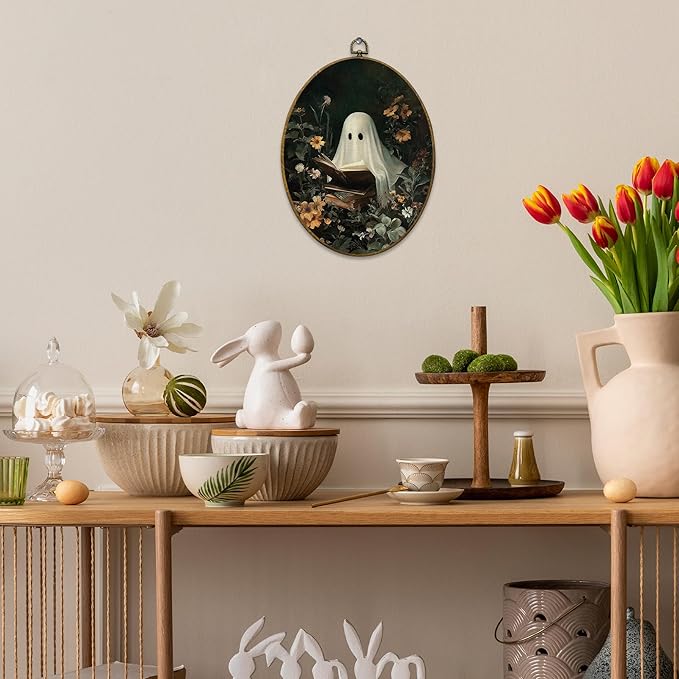 Mcehtle Moody Ghosts Botanic Wall Art Decor, Halloween Cottagecore Dark Academia Framed Canvas Prints 8.6x11.4, Ghost Reading Round Wall Hanging Artwork Decorations for Bedroom Gallery