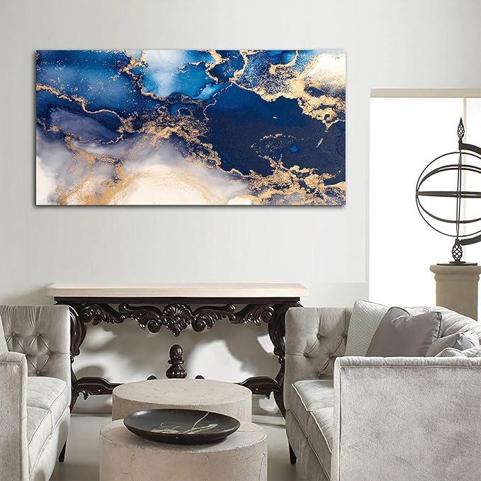 NINEASO Blue and Gold Abstract Wall Art - Deep Blue Ocean Pictures for Home Decor Modern Elegance Canvas Print Wall Decor Vast Ocean from Above Abstract Artwork for Living Room Bedroom 29" x 58"