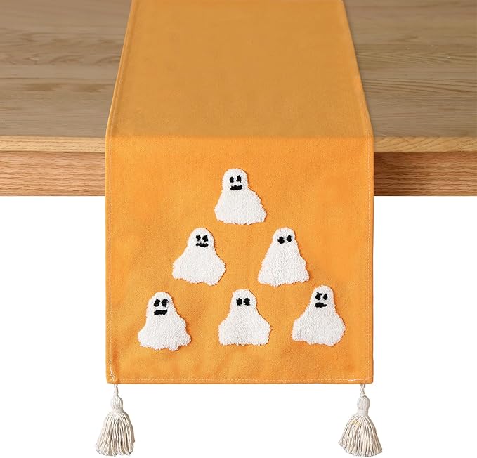 Breling Halloween Ghost Table Runner Jacquard Cute Ghost Halloween Dinner Table Runner Fall Autumn Kitchen Dining Decoration for Kitchen Farmhouse Holiday Party Home Decor 13x72 Inch(Orange)