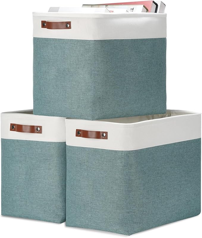 DULLEMELO Large Rectangular Baskets for Blankets 51L Canvas Storage Baskets for Organizing 3 Pack Collapsible Baskets Bins for Organizing Home Office with Handles (White&Deep Green)