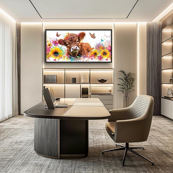 Flintis Large Highland Cow Wall Art Cow Sunflower Pictures Wall Decor Abstract Animal Canvas Painting Print Artworks Decorations Framed for Living Room Bathroom Master Bedroom Office 60L x 30W