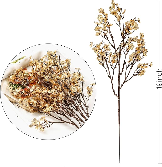 Sggvecsy 15 Pcs Babys Breath Artificial Flowers Gypsophila Bouquets Bulk Real Touch Fake Silk Flowers for Home Wedding DIY Floral Arrangement Kitchen Table Centerpiece Christmas Decoration (Gold)