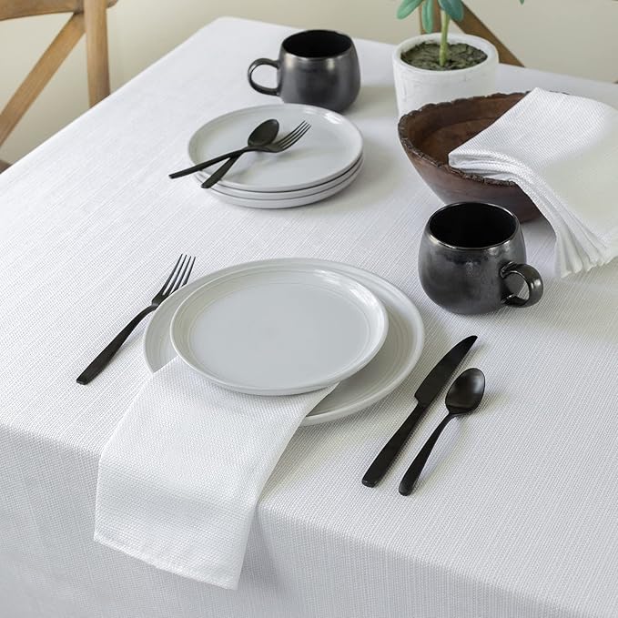 Benson Mills Cameron Textured Fabric Table Cloth, for Everyday Home Dining, Parties, Weddings & Holiday Tablecloths (60" x 84" Rectangular, White)