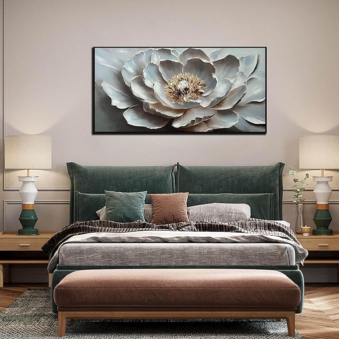 White Flower Wall Art for Bedroom Teenage Girl - Modern Hand Painted Home Wall Decor for Living Room - Large Black Framed Wall Art Size 29" x 59"