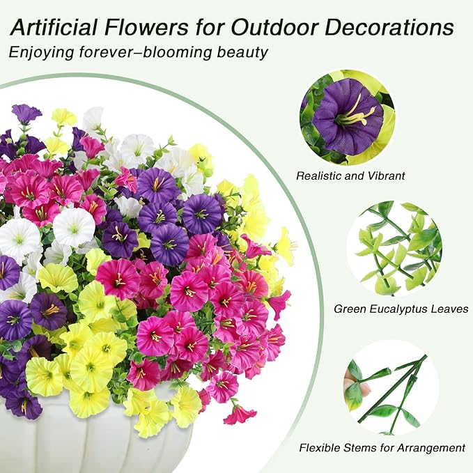 12PCS Artificial Flowers for Outdoor Decorations, Realistic Faux Silk Petunia Flowers for Outside, Fake Plants Morning Glory with Eucalyptus Porch Patio Planters Window Boxes Decor