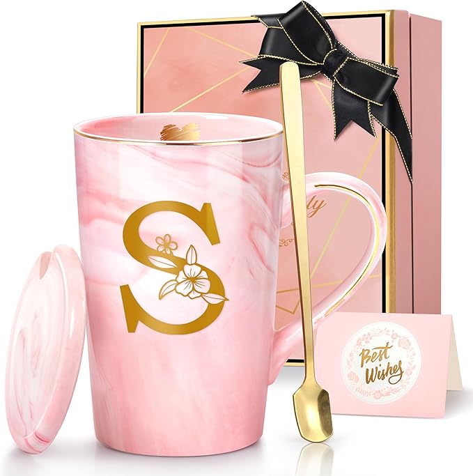 Personalized Marble Ceramic Mug Gifts for Women, 14 Oz Pink Initial Customized Gift Coffee Mug with Lid, Birthday Christmas Mother's Day Gifts for Her Wife Mom Grandma Friend Sister Unique,S