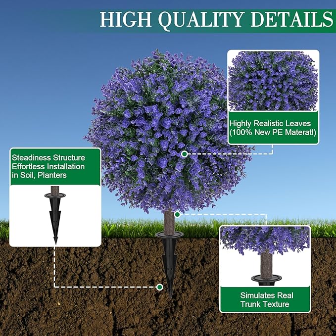 Set of 2 Artificial Purple Boxwood Topiary Ball Bush for Outdoor with Ground Spike 22", UV Resistant Faux Greenery Shrubs, Fake Purple&Green Boxwood Plants for Garden, Yard, Porch, Patio Decor