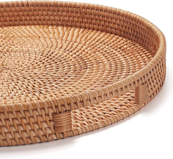 Rattan Large Serving Tray, Wicker Round Fruit/Bread Serving Basket, Extra Large Decorative Ottoman Tray for Living Room, Coffee Table, Breakfast, 16.9 inch