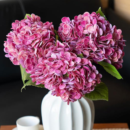 3PCS 22 inch Realistic Artificial Hydrangea Large Real Touch Flowers Artificial Flowers Dry Flowers Outdoor Wedding Christmas Office Family Party Living Room Table Decoration (Rose Red)