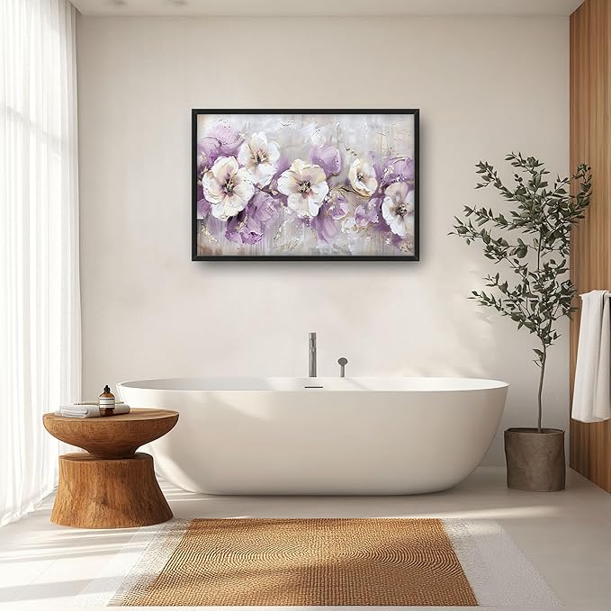 Large Wall Art for Living Room Framed, Purple Flower Wall Decor Pictures, Abstract Floral Canvas Print Painting, Aesthetic Artwork Bedroom Office Home Decor 36"x24"