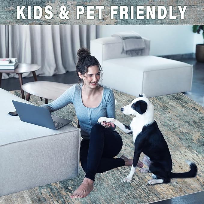 Area Rug Living Room Rugs: 6x9 Rug for Bedroom Machine Washable with Non Slip Backing Non Shedding Abstract Stain Resistant Large Carpet for Dining Room Nursery Home Office - Green