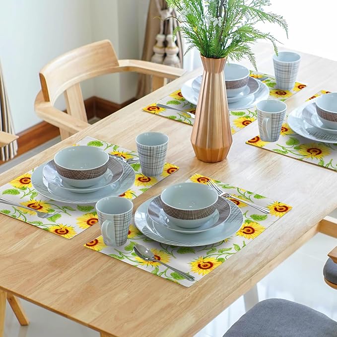 Sunflower Placemats 12×18 Inches Set of 4 Spring Summer Floral Seasonal Indoor Kitchen Dining Table Place Mats for Home Party Decoration
