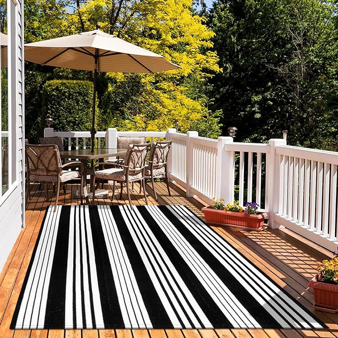 OJIA Outdoor Rug 5'x7' Patio Rug, Machine Washable Black and White Outdoor Rug Cotton Woven Area Rug Living Room Rug Farmhouse Indoor Carpet for Front Door/Porch/Deck/Backyard/Bedroom